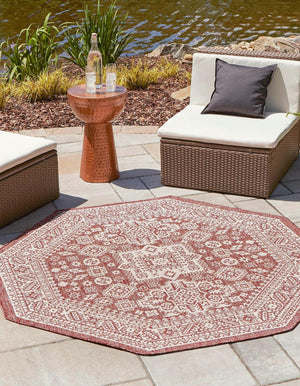 Rust Red 7' 10 x 7' 10 Outdoor Aztec Octagon Area Rug Weather Resistant for Patio, Deck, Terrace, Balcony, Porch 100% Polypropylene Traditional Carpet Mat for Sale at Rug Engine