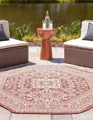 Rust Red 7' 10 x 7' 10 Outdoor Aztec Octagon Area Rug Weather Resistant for Patio, Deck, Terrace, Balcony, Porch 100% Polypropylene Traditional Carpet Mat for Sale at Rug Engine