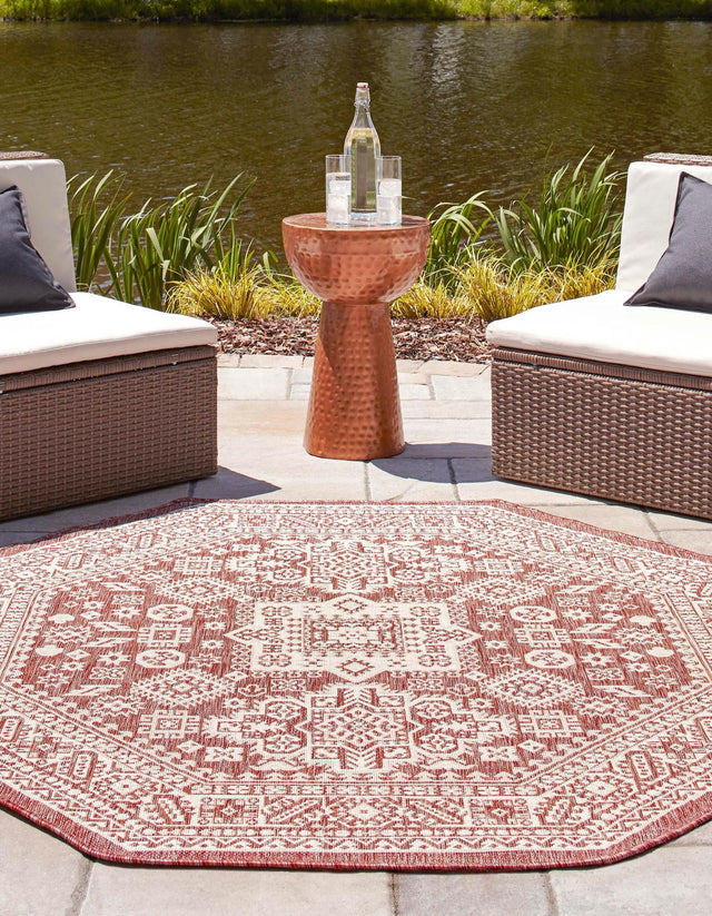 Rust Red 7' 10 x 7' 10 Outdoor Aztec Octagon Area Rug Weather Resistant for Patio, Deck, Terrace, Balcony, Porch 100% Polypropylene Traditional Carpet Mat for Sale at Rug Engine