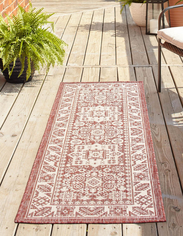 Rust Red 2' 7 x 12' Outdoor Aztec Runner Area Rug Weather Resistant for Patio, Deck, Terrace, Balcony, Porch 100% Polypropylene Traditional Carpet Mat for Sale at Rug Engine