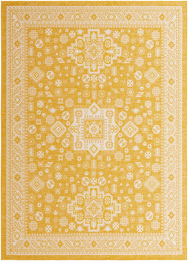 Yellow 10' x 13' 1 Outdoor Aztec Rectangle Area Rug Weather Resistant for Patio, Deck, Terrace, Balcony, Porch 100% Polypropylene Traditional Carpet Mat for Sale at Rug Engine