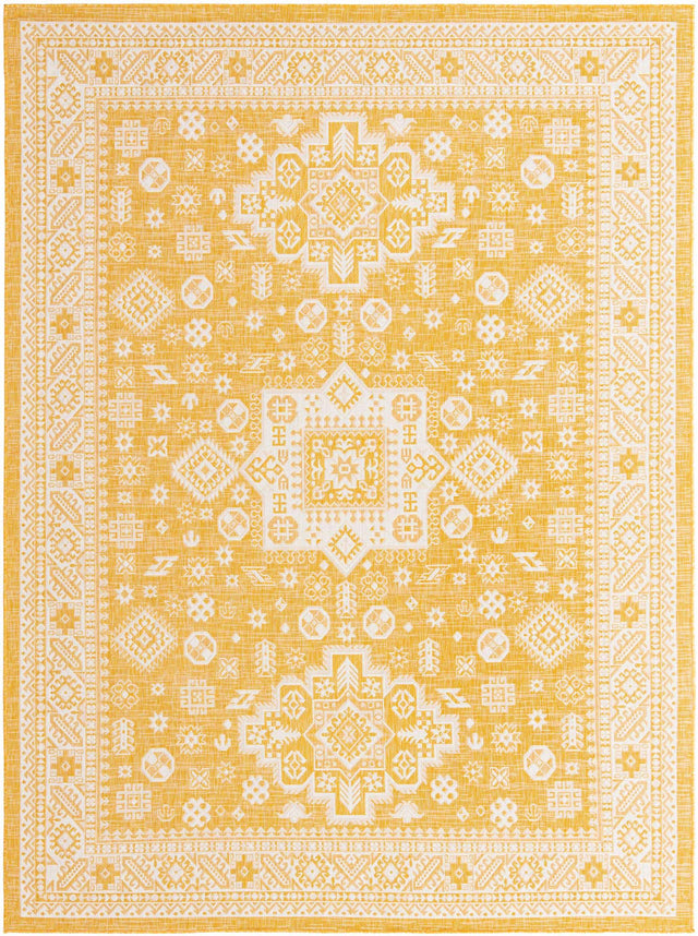 Yellow 9' x 12' Outdoor Aztec Rectangle Area Rug Weather Resistant for Patio, Deck, Terrace, Balcony, Porch 100% Polypropylene Traditional Carpet Mat for Sale at Rug Engine