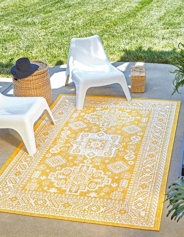 Yellow 2' x 3' 1 Outdoor Aztec Rectangle Area Rug Weather Resistant for Patio, Deck, Terrace, Balcony, Porch 100% Polypropylene Traditional Carpet Mat for Sale at Rug Engine