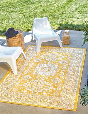 Yellow 3' 1 x 5' 3 Outdoor Aztec Rectangle Area Rug Weather Resistant for Patio, Deck, Terrace, Balcony, Porch 100% Polypropylene Traditional Carpet Mat for Sale at Rug Engine
