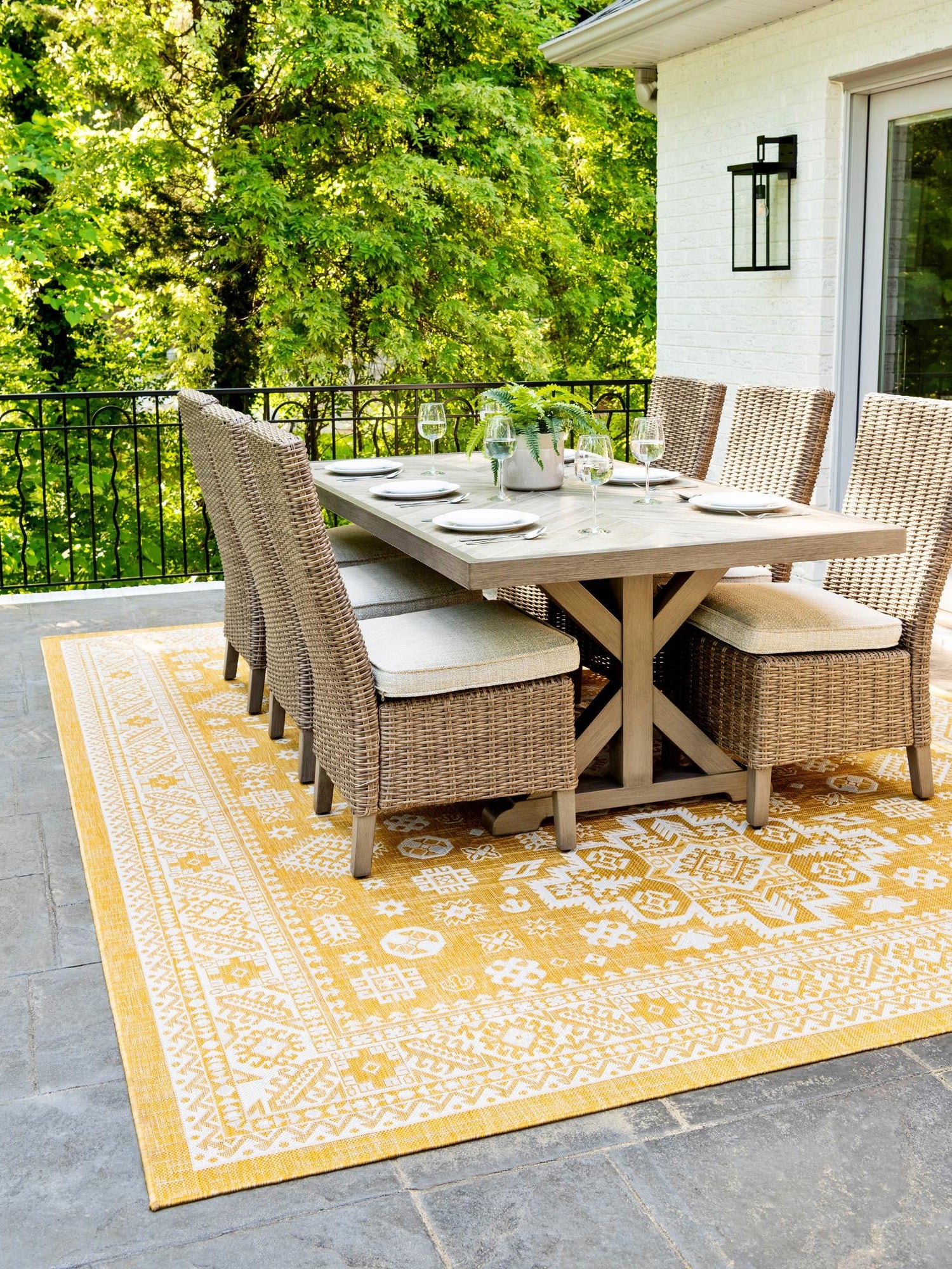 Yellow 4' 1 x 6' 1 Outdoor Aztec Rectangle Area Rug Weather Resistant for Patio, Deck, Terrace, Balcony, Porch 100% Polypropylene Traditional Carpet Mat for Sale at Rug Engine