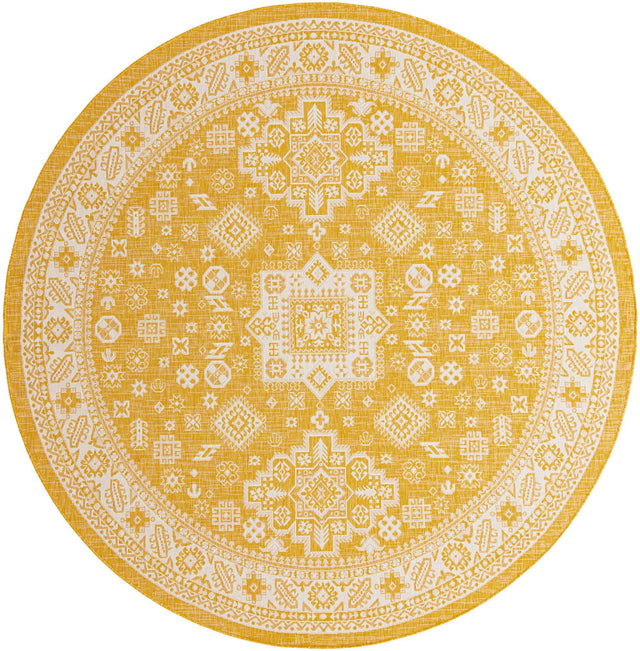 Yellow 10' x 10' Outdoor Aztec Round Area Rug Weather Resistant for Patio, Deck, Terrace, Balcony, Porch 100% Polypropylene Traditional Carpet Mat for Sale at Rug Engine