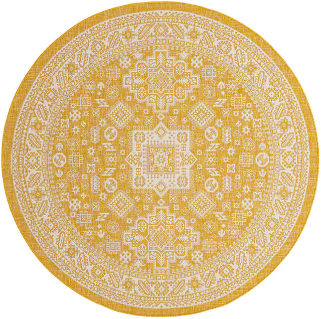 Yellow 7' 10 x 7' 10 Outdoor Aztec Round Area Rug Weather Resistant for Patio, Deck, Terrace, Balcony, Porch 100% Polypropylene Traditional Carpet Mat for Sale at Rug Engine