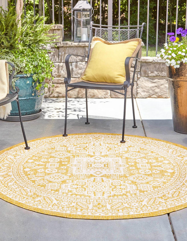 Yellow 4' 1 x 4' 1 Outdoor Aztec Round Area Rug Weather Resistant for Patio, Deck, Terrace, Balcony, Porch 100% Polypropylene Traditional Carpet Mat for Sale at Rug Engine