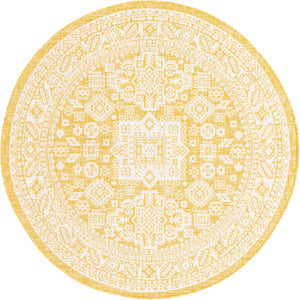 Yellow 5' 3 x 5' 3 Outdoor Aztec Round Area Rug Weather Resistant for Patio, Deck, Terrace, Balcony, Porch 100% Polypropylene Traditional Carpet Mat for Sale at Rug Engine