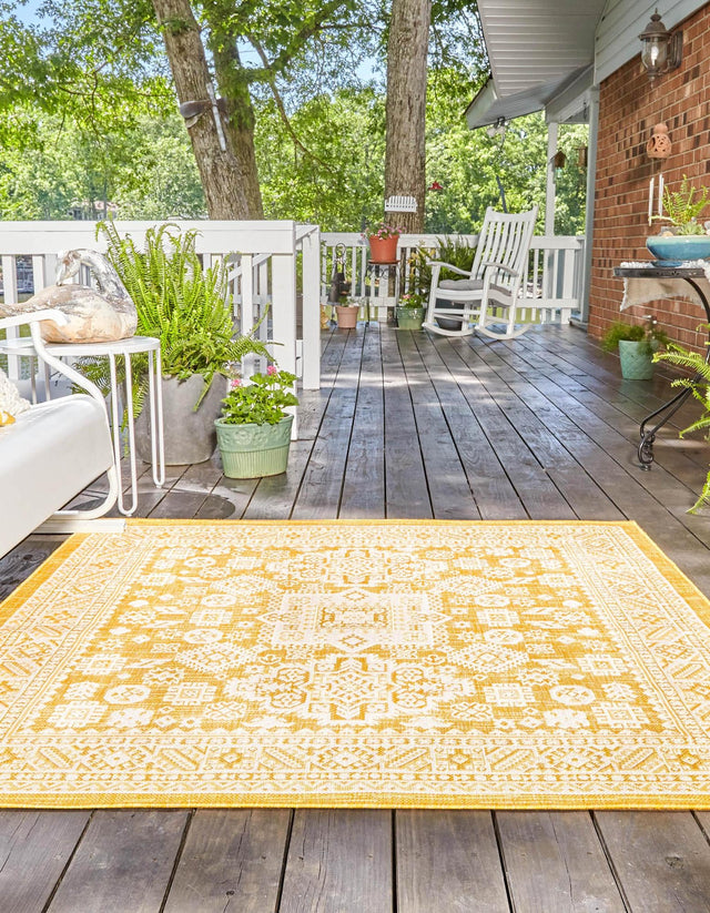 Yellow 10' x 10' Outdoor Aztec Square Area Rug Weather Resistant for Patio, Deck, Terrace, Balcony, Porch 100% Polypropylene Traditional Carpet Mat for Sale at Rug Engine