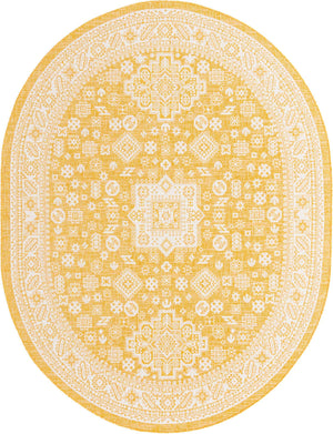 Yellow 7' 10 x 10' Outdoor Aztec Oval Area Rug Weather Resistant for Patio, Deck, Terrace, Balcony, Porch 100% Polypropylene Traditional Carpet Mat for Sale at Rug Engine