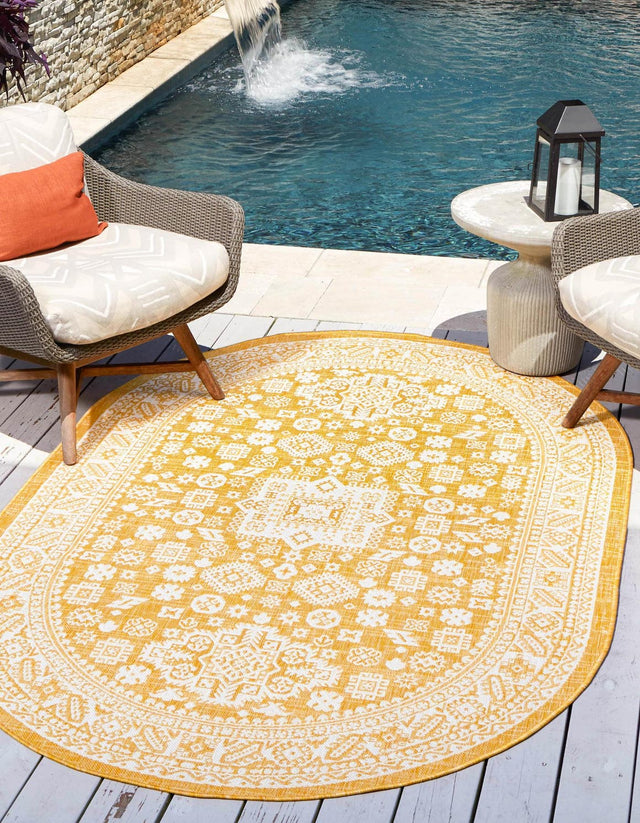 Yellow 3' 1 x 5' 3 Outdoor Aztec Oval Area Rug Weather Resistant for Patio, Deck, Terrace, Balcony, Porch 100% Polypropylene Traditional Carpet Mat for Sale at Rug Engine