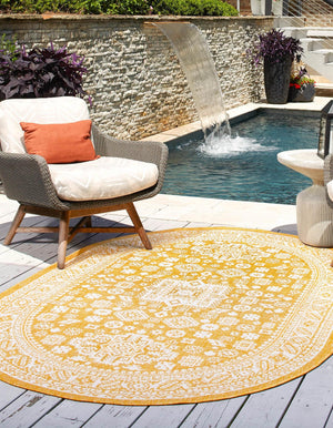 Yellow 3' 1 x 5' 3 Outdoor Aztec Oval Area Rug Weather Resistant for Patio, Deck, Terrace, Balcony, Porch 100% Polypropylene Traditional Carpet Mat for Sale at Rug Engine