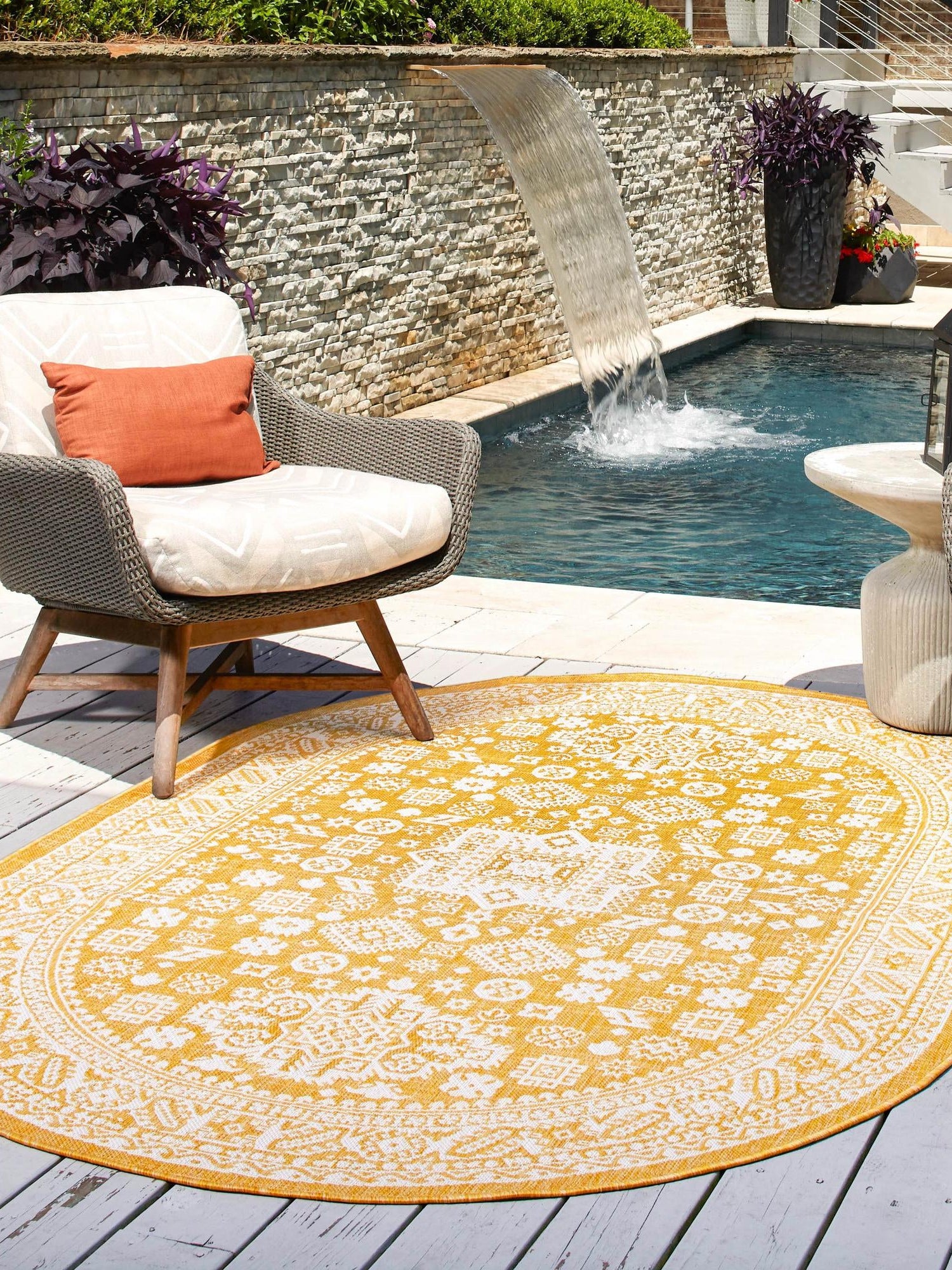 Yellow 5' 3 x 8' Outdoor Aztec Oval Area Rug Weather Resistant for Patio, Deck, Terrace, Balcony, Porch 100% Polypropylene Traditional Carpet Mat for Sale at Rug Engine