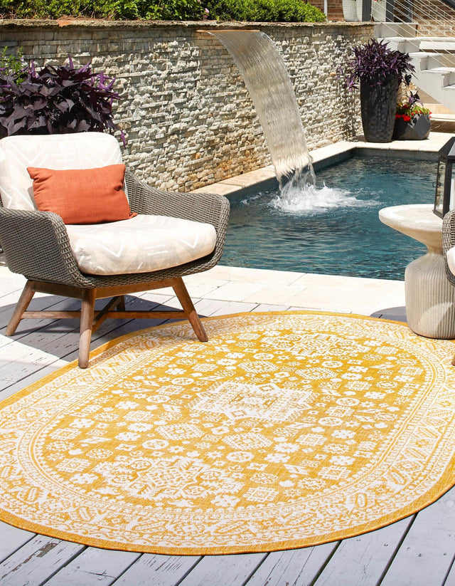 Yellow 5' 3 x 8' Outdoor Aztec Oval Area Rug Weather Resistant for Patio, Deck, Terrace, Balcony, Porch 100% Polypropylene Traditional Carpet Mat for Sale at Rug Engine