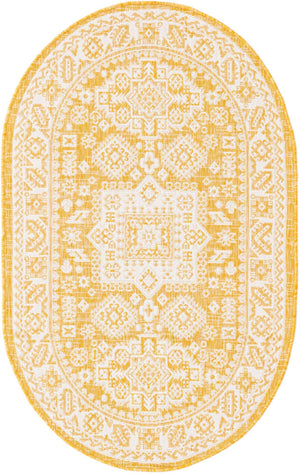 Yellow 3' 1 x 5' 3 Outdoor Aztec Oval Area Rug Weather Resistant for Patio, Deck, Terrace, Balcony, Porch 100% Polypropylene Traditional Carpet Mat for Sale at Rug Engine