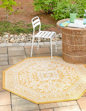 Yellow 5' 3 x 5' 3 Outdoor Aztec Octagon Area Rug Weather Resistant for Patio, Deck, Terrace, Balcony, Porch 100% Polypropylene Traditional Carpet Mat for Sale at Rug Engine