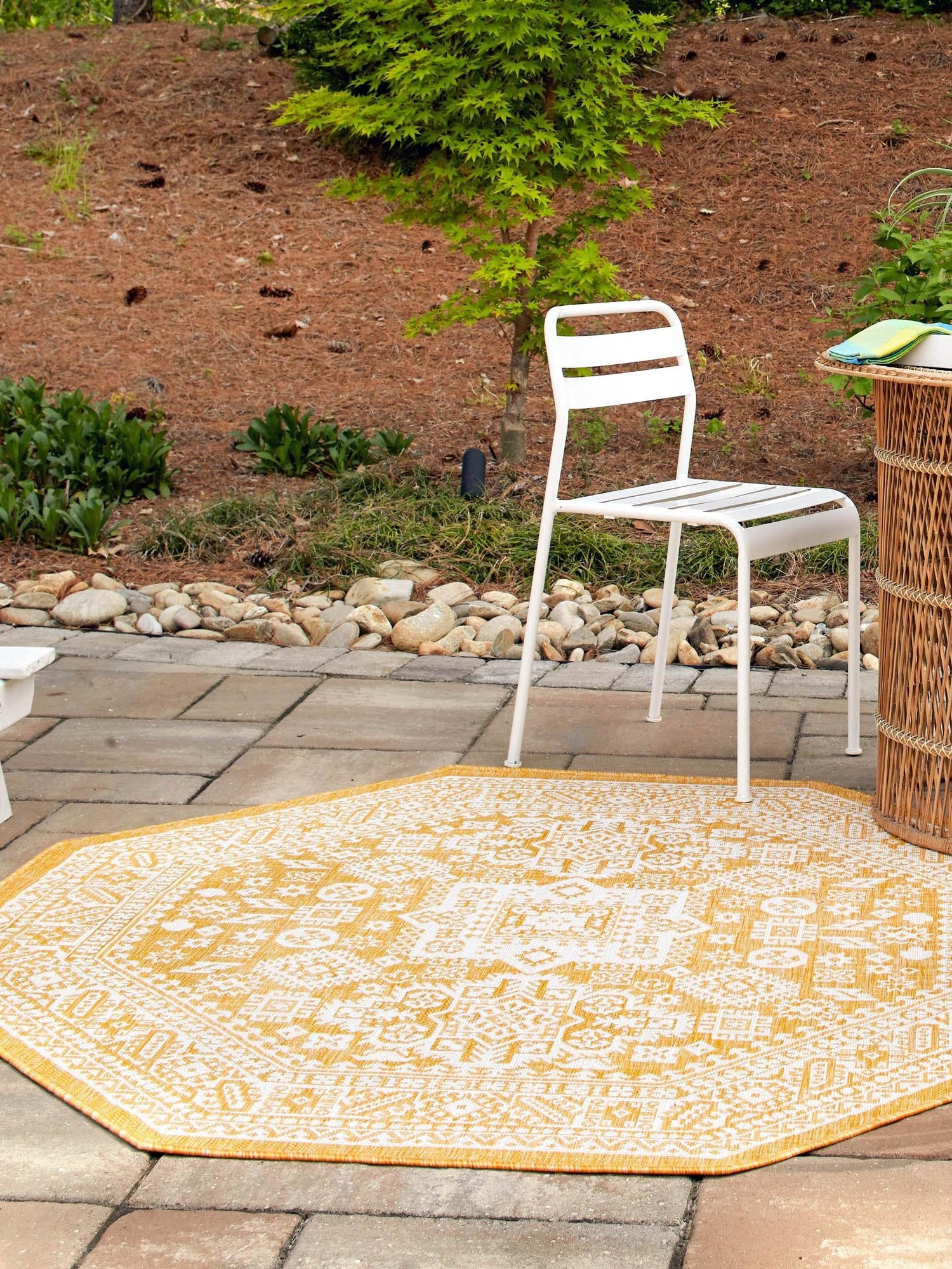 Yellow 5' 3 x 5' 3 Outdoor Aztec Octagon Area Rug Weather Resistant for Patio, Deck, Terrace, Balcony, Porch 100% Polypropylene Traditional Carpet Mat for Sale at Rug Engine