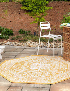 Yellow 5' 3 x 5' 3 Outdoor Aztec Octagon Area Rug Weather Resistant for Patio, Deck, Terrace, Balcony, Porch 100% Polypropylene Traditional Carpet Mat for Sale at Rug Engine