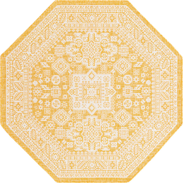 Yellow 5' 3 x 5' 3 Outdoor Aztec Octagon Area Rug Weather Resistant for Patio, Deck, Terrace, Balcony, Porch 100% Polypropylene Traditional Carpet Mat for Sale at Rug Engine