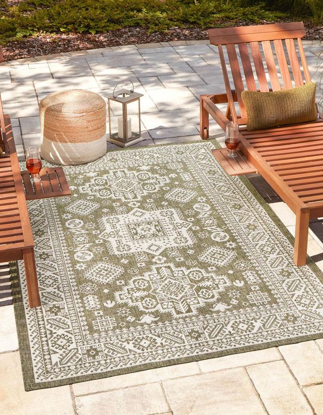 Green 4' 1 x 6' 1 Outdoor Aztec Rectangle Area Rug Weather Resistant for Patio, Deck, Terrace, Balcony, Porch 100% Polypropylene Traditional Carpet Mat for Sale at Rug Engine