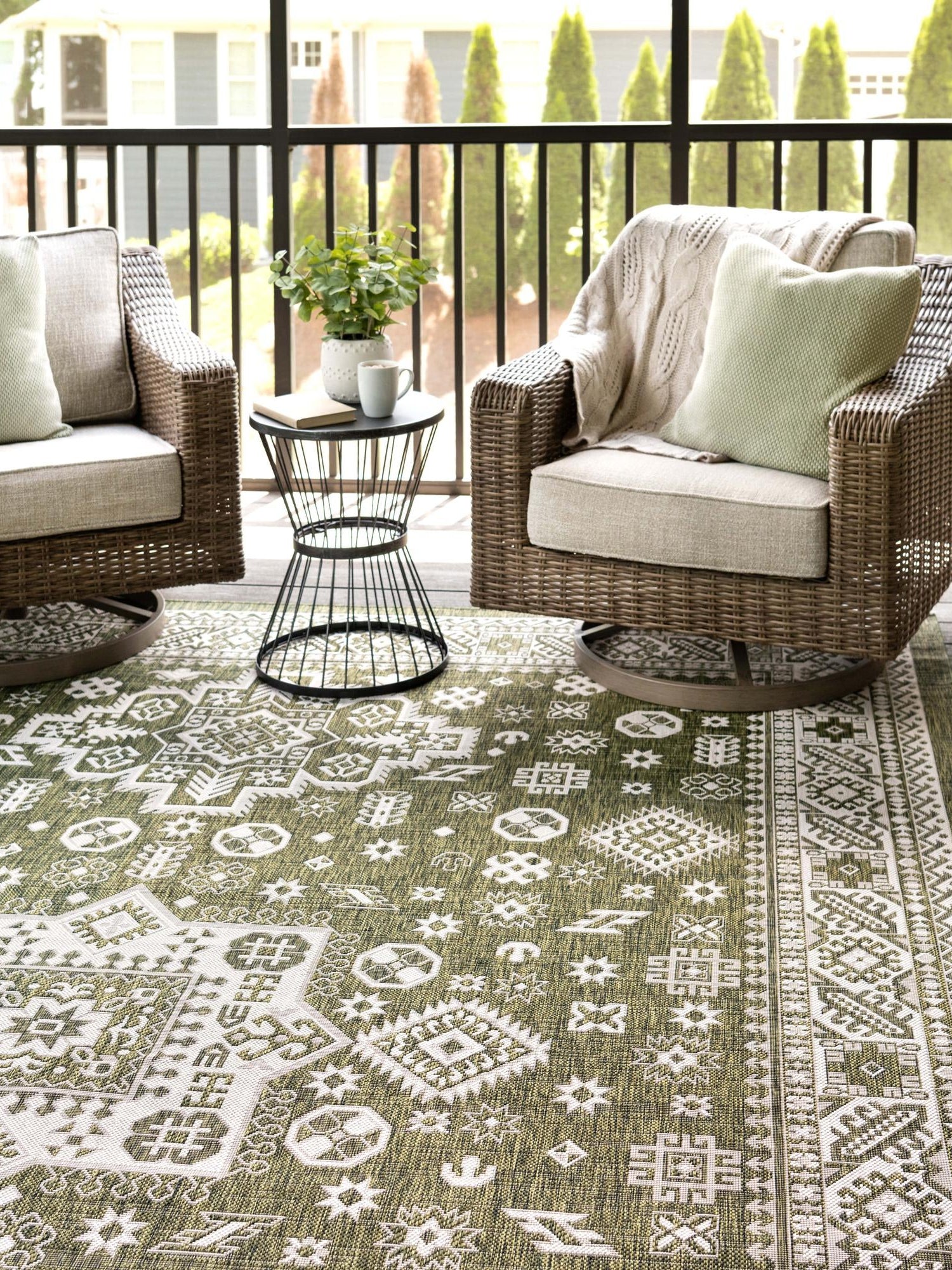 Green 9' x 12' Outdoor Aztec Rectangle Area Rug Weather Resistant for Patio, Deck, Terrace, Balcony, Porch 100% Polypropylene Traditional Carpet Mat for Sale at Rug Engine