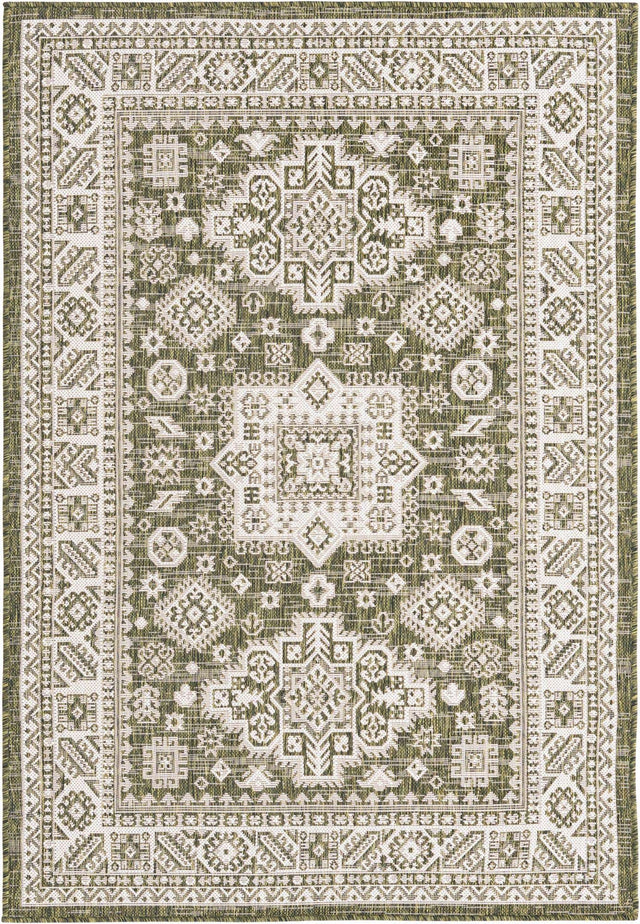 Green 4' 1 x 6' 1 Outdoor Aztec Rectangle Area Rug Weather Resistant for Patio, Deck, Terrace, Balcony, Porch 100% Polypropylene Traditional Carpet Mat for Sale at Rug Engine
