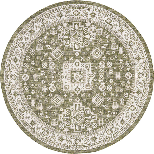 Green 10' x 10' Outdoor Aztec Round Area Rug Weather Resistant for Patio, Deck, Terrace, Balcony, Porch 100% Polypropylene Traditional Carpet Mat for Sale at Rug Engine