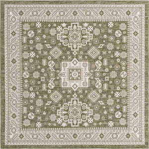 Green 10' x 10' Outdoor Aztec Square Area Rug Weather Resistant for Patio, Deck, Terrace, Balcony, Porch 100% Polypropylene Traditional Carpet Mat for Sale at Rug Engine