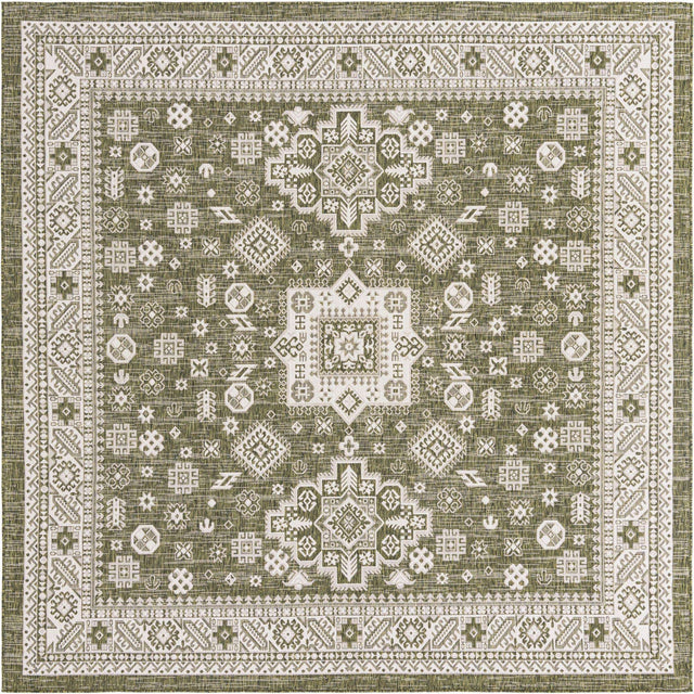 Green 10' x 10' Outdoor Aztec Square Area Rug Weather Resistant for Patio, Deck, Terrace, Balcony, Porch 100% Polypropylene Traditional Carpet Mat for Sale at Rug Engine