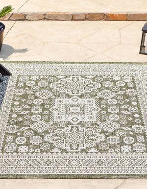 Green 13' 1 x 13' 1 Outdoor Aztec Square Area Rug Weather Resistant for Patio, Deck, Terrace, Balcony, Porch 100% Polypropylene Traditional Carpet Mat for Sale at Rug Engine