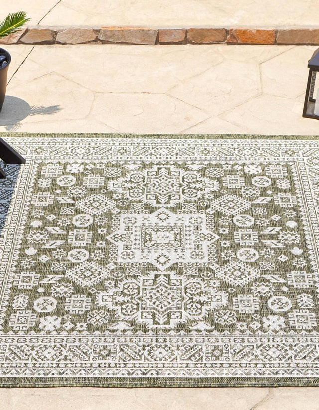 Green 13' 1 x 13' 1 Outdoor Aztec Square Area Rug Weather Resistant for Patio, Deck, Terrace, Balcony, Porch 100% Polypropylene Traditional Carpet Mat for Sale at Rug Engine