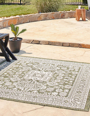 Green 5' 3 x 5' 3 Outdoor Aztec Square Area Rug Weather Resistant for Patio, Deck, Terrace, Balcony, Porch 100% Polypropylene Traditional Carpet Mat for Sale at Rug Engine
