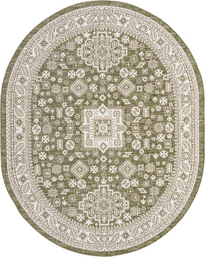 Green 7' 10 x 10' Outdoor Aztec Oval Area Rug Weather Resistant for Patio, Deck, Terrace, Balcony, Porch 100% Polypropylene Traditional Carpet Mat for Sale at Rug Engine