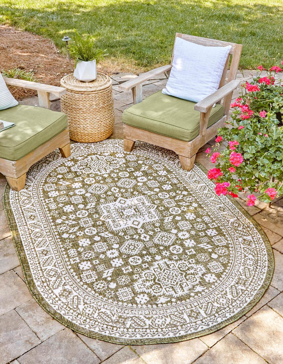 Green 7' 10 x 10' Outdoor Aztec Oval Area Rug Weather Resistant for Patio, Deck, Terrace, Balcony, Porch 100% Polypropylene Traditional Carpet Mat for Sale at Rug Engine