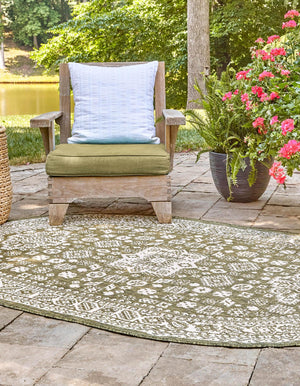 Green 7' 10 x 10' Outdoor Aztec Oval Area Rug Weather Resistant for Patio, Deck, Terrace, Balcony, Porch 100% Polypropylene Traditional Carpet Mat for Sale at Rug Engine