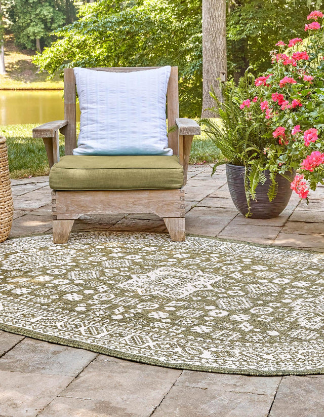 Green 7' 10 x 10' Outdoor Aztec Oval Area Rug Weather Resistant for Patio, Deck, Terrace, Balcony, Porch 100% Polypropylene Traditional Carpet Mat for Sale at Rug Engine