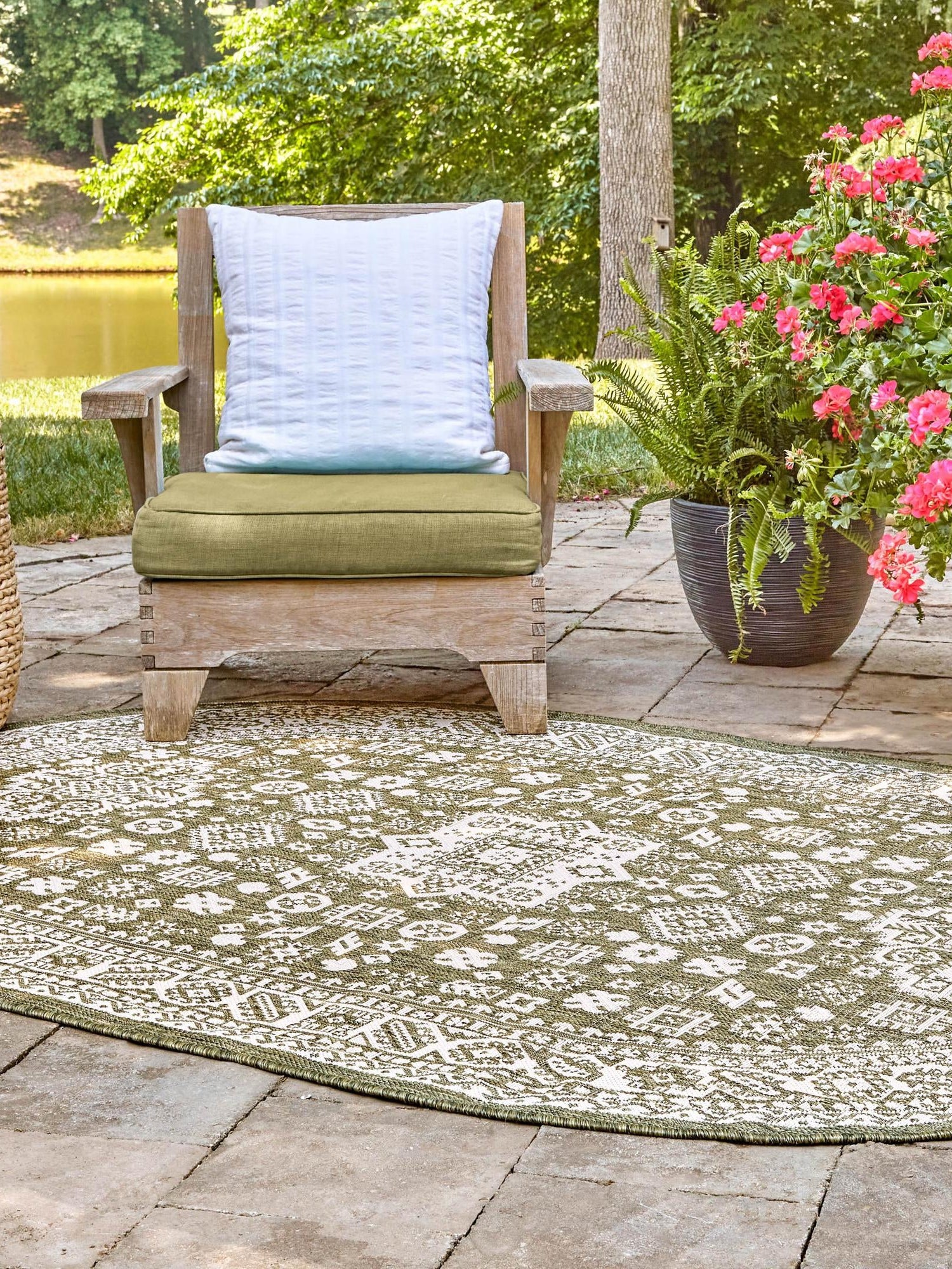 Green 5' 3 x 8' Outdoor Aztec Oval Area Rug Weather Resistant for Patio, Deck, Terrace, Balcony, Porch 100% Polypropylene Traditional Carpet Mat for Sale at Rug Engine