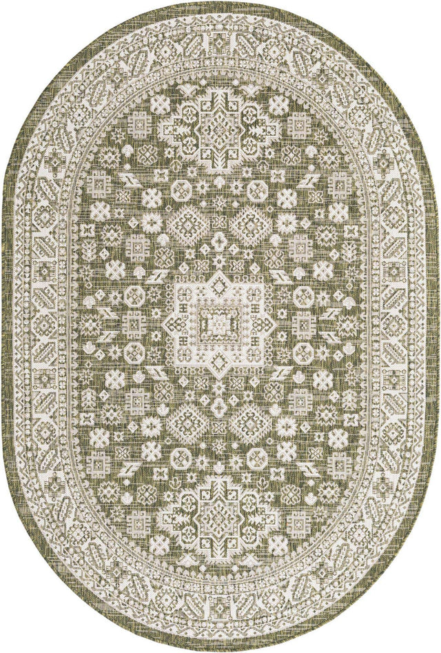 Green 5' 3 x 8' Outdoor Aztec Oval Area Rug Weather Resistant for Patio, Deck, Terrace, Balcony, Porch 100% Polypropylene Traditional Carpet Mat for Sale at Rug Engine