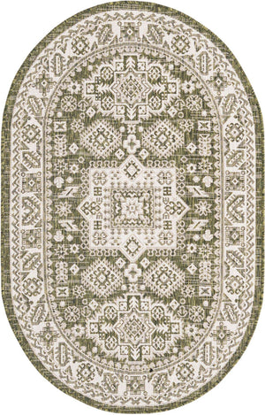 Green 3' 1 x 5' 3 Outdoor Aztec Oval Area Rug Weather Resistant for Patio, Deck, Terrace, Balcony, Porch 100% Polypropylene Traditional Carpet Mat for Sale at Rug Engine