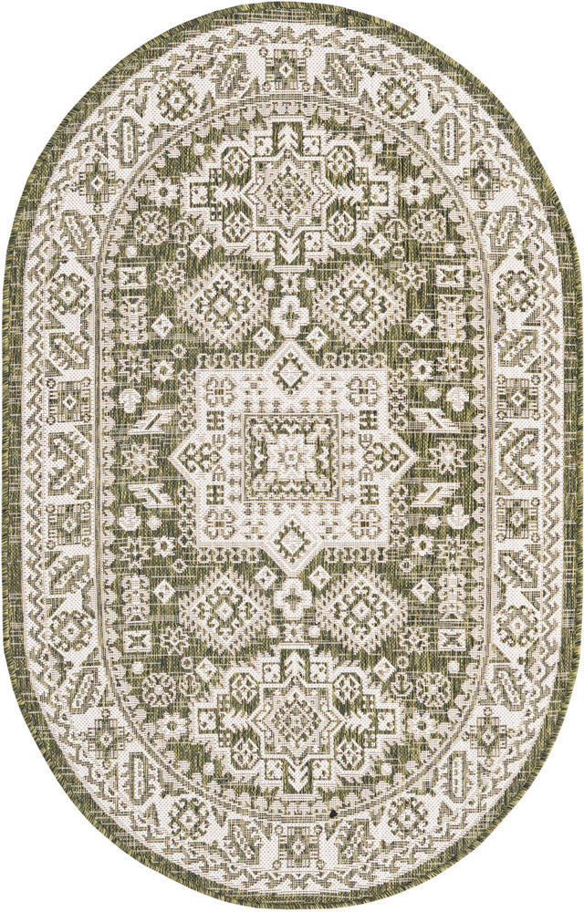Green 3' 1 x 5' 3 Outdoor Aztec Oval Area Rug Weather Resistant for Patio, Deck, Terrace, Balcony, Porch 100% Polypropylene Traditional Carpet Mat for Sale at Rug Engine