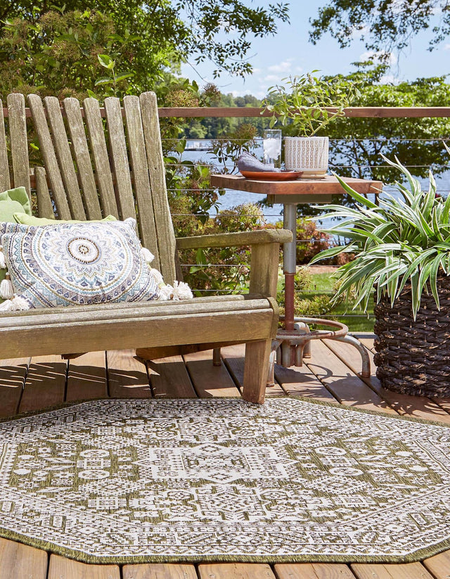 Green 5' 3 x 5' 3 Outdoor Aztec Octagon Area Rug Weather Resistant for Patio, Deck, Terrace, Balcony, Porch 100% Polypropylene Traditional Carpet Mat for Sale at Rug Engine