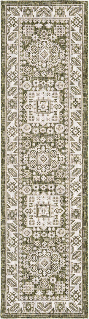 Green 2' x 8' Outdoor Aztec Runner Area Rug Weather Resistant for Patio, Deck, Terrace, Balcony, Porch 100% Polypropylene Traditional Carpet Mat for Sale at Rug Engine