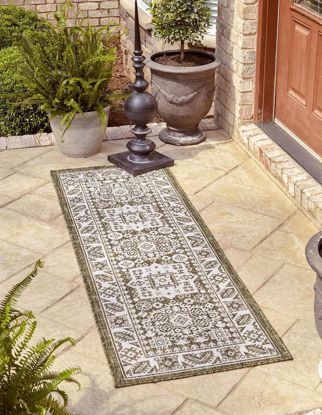 Green 2' x 6' 1 Outdoor Aztec Runner Area Rug Weather Resistant for Patio, Deck, Terrace, Balcony, Porch 100% Polypropylene Traditional Carpet Mat for Sale at Rug Engine