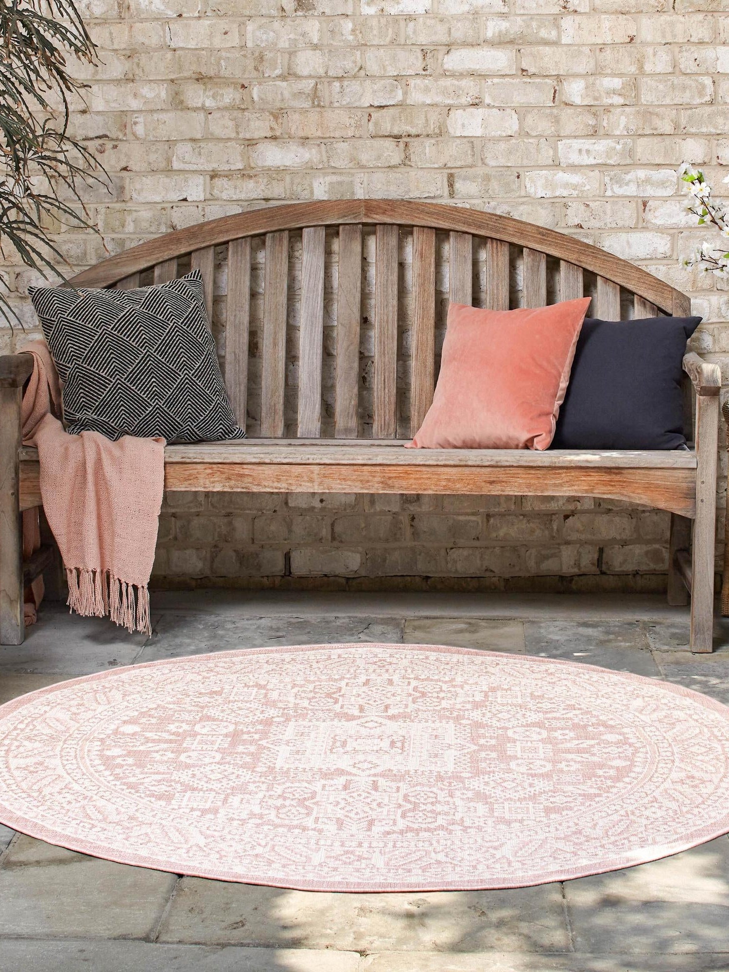 Pink 7' 10 x 7' 10 Outdoor Aztec Round Area Rug Weather Resistant for Patio, Deck, Terrace, Balcony, Porch 100% Polypropylene Traditional Carpet Mat for Sale at Rug Engine
