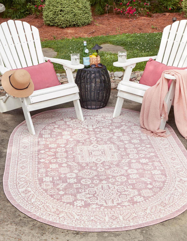 Pink 7' 10 x 10' Outdoor Aztec Oval Area Rug Weather Resistant for Patio, Deck, Terrace, Balcony, Porch 100% Polypropylene Traditional Carpet Mat for Sale at Rug Engine