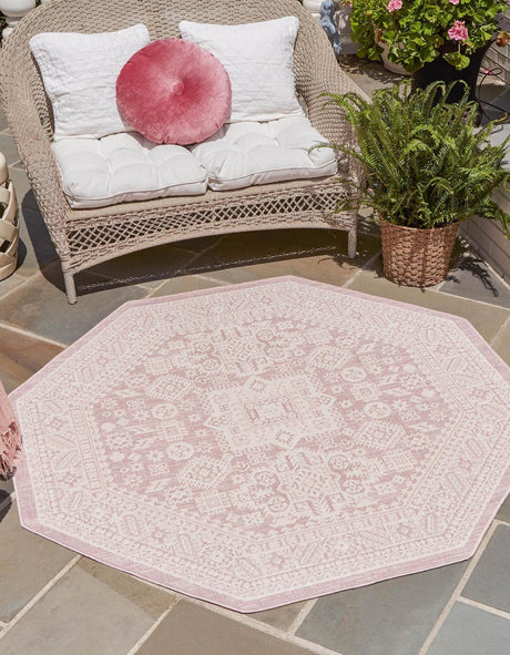Pink 5' 3 x 5' 3 Outdoor Aztec Octagon Area Rug Weather Resistant for Patio, Deck, Terrace, Balcony, Porch 100% Polypropylene Traditional Carpet Mat for Sale at Rug Engine