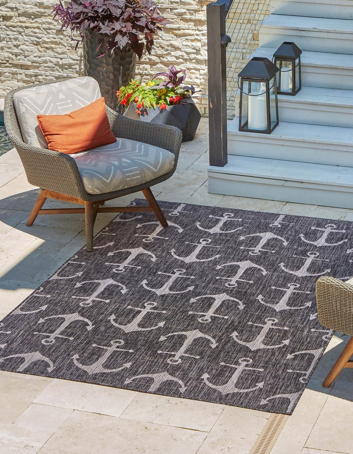 Charcoal 10' x 13' 1 Outdoor Coastal Rectangle Area Rug Weather Resistant for Patio, Deck, Terrace, Balcony, Porch 100% Polypropylene Coastal Decor Carpet for Sale at Rug Engine