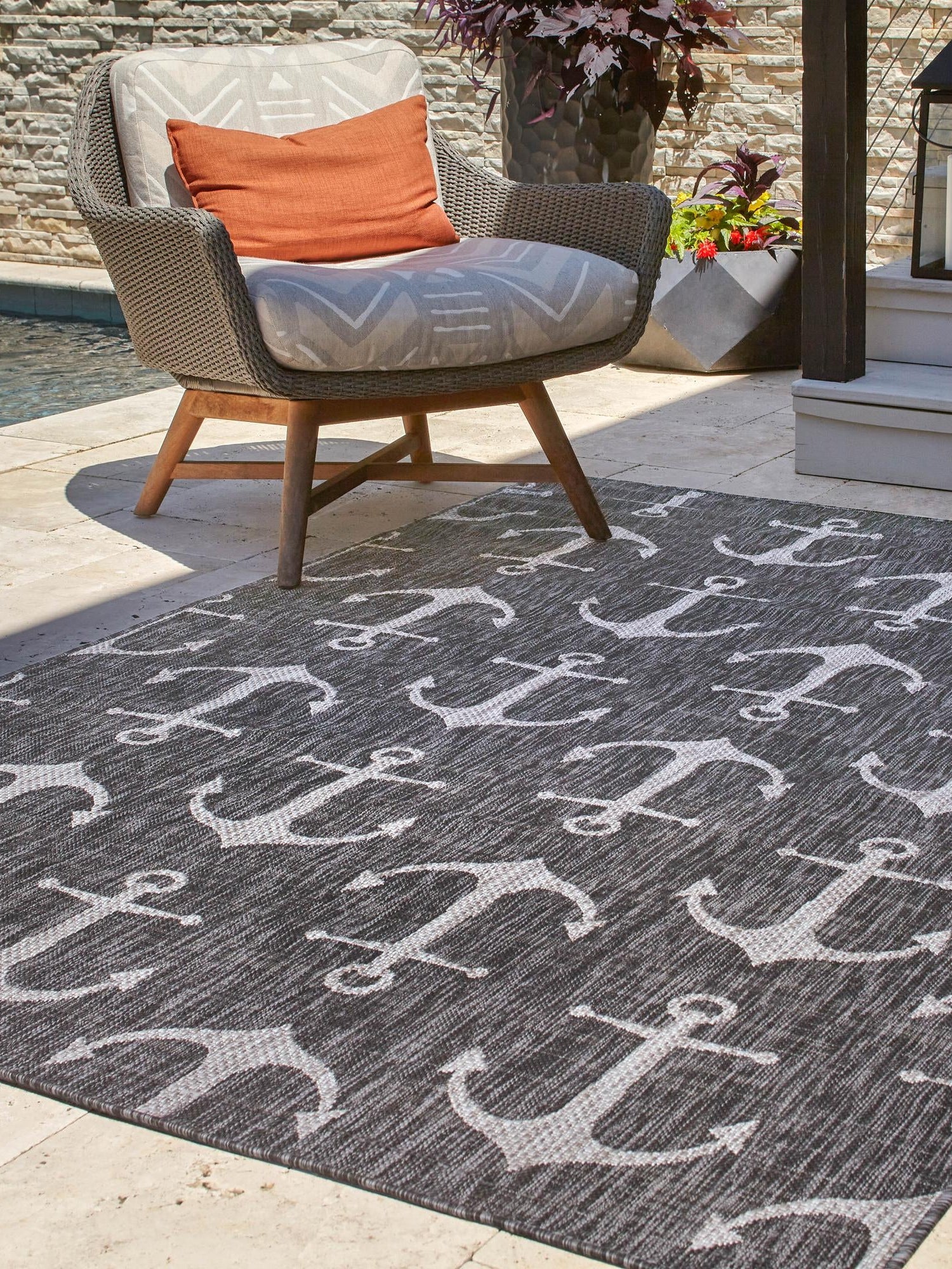 Charcoal 10' x 13' 1 Outdoor Coastal Rectangle Area Rug Weather Resistant for Patio, Deck, Terrace, Balcony, Porch 100% Polypropylene Coastal Decor Carpet for Sale at Rug Engine