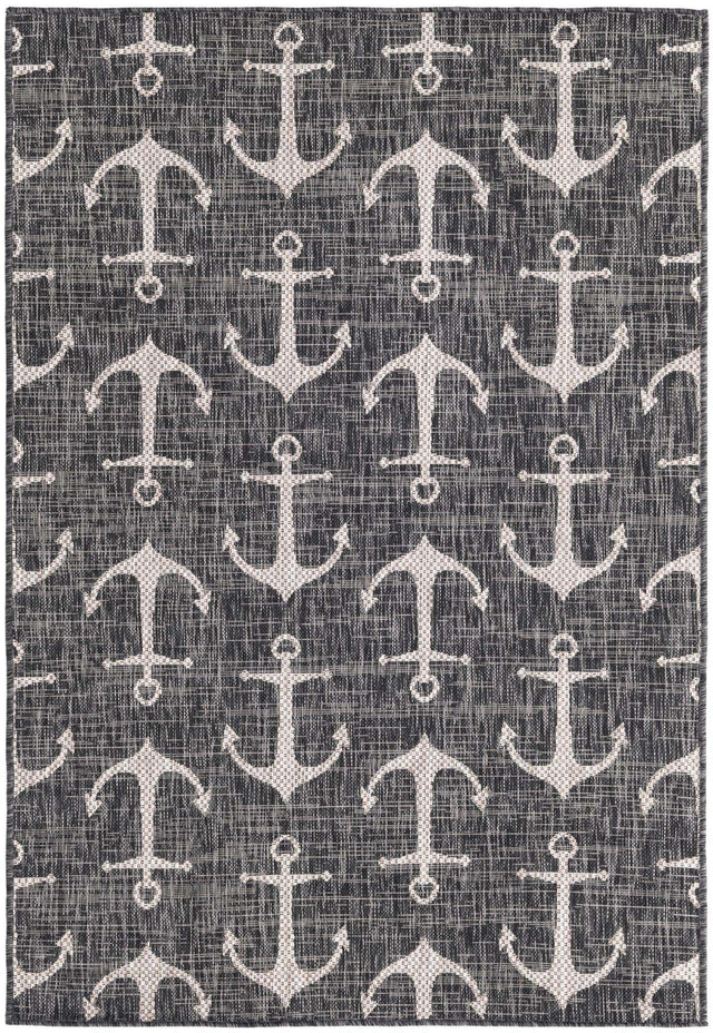 Charcoal 4' 1 x 6' 1 Outdoor Coastal Rectangle Area Rug Weather Resistant for Patio, Deck, Terrace, Balcony, Porch 100% Polypropylene Coastal Decor Carpet for Sale at Rug Engine